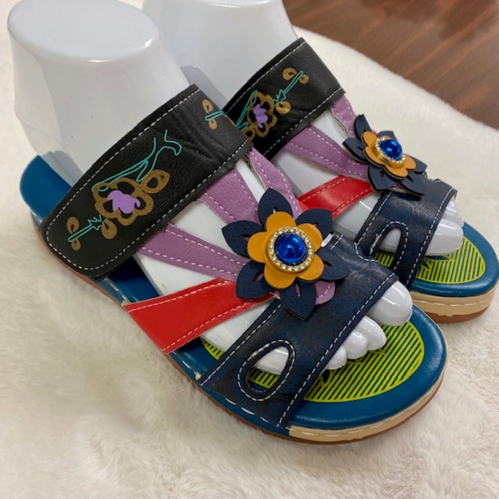 Colorful Hook and‎ Loop Summer Boho Wedge Sandals, size EU 35, US 5